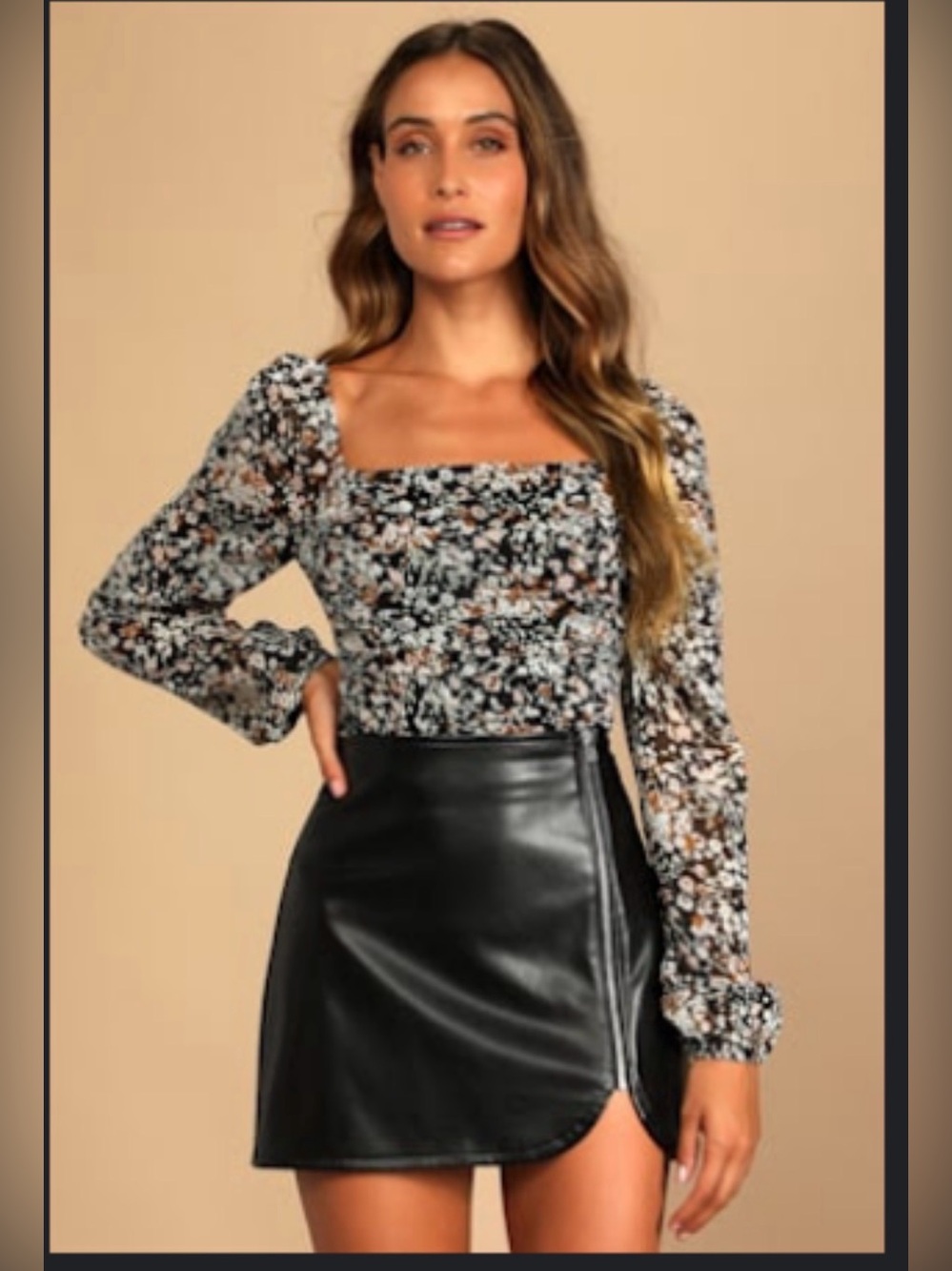 Lulus Black Floral Mesh Smocked Square Neck Crop Top Puff Sleeve Size L